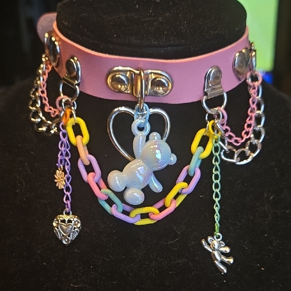 Pastel Bear Charm Necklace with Heart Accents